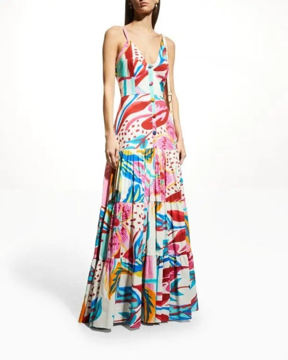 PatBO Floral V-Neck Sleeveless Tiered Maxi Dress Multicolor Women's Size US 6